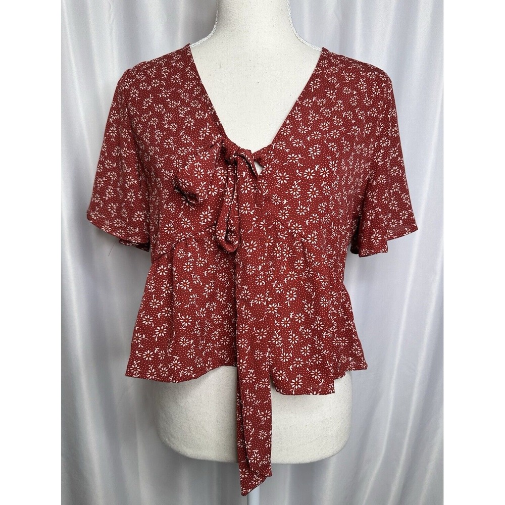SHEIN Top Size S Crop Vneck Pullover Tie front Floral Polka Dot Burgundy